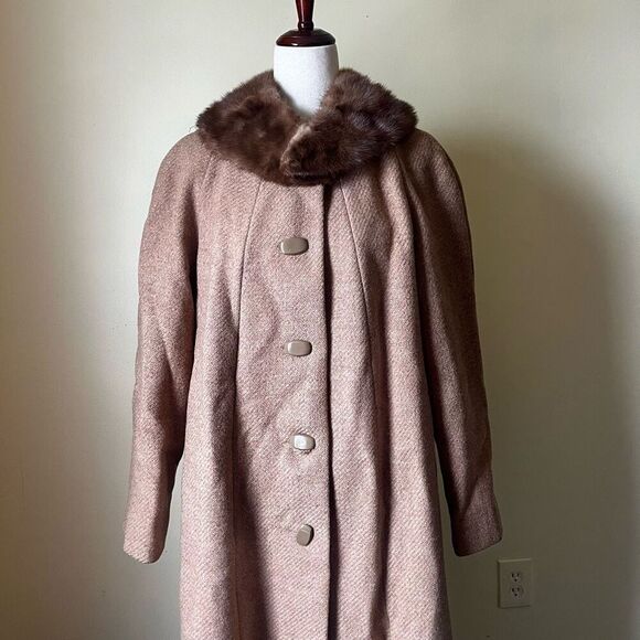 Vintage 60s Pure Wool Swing Coat Button Down Tan Brown Fur Collar Medium - Picture 2 of 13